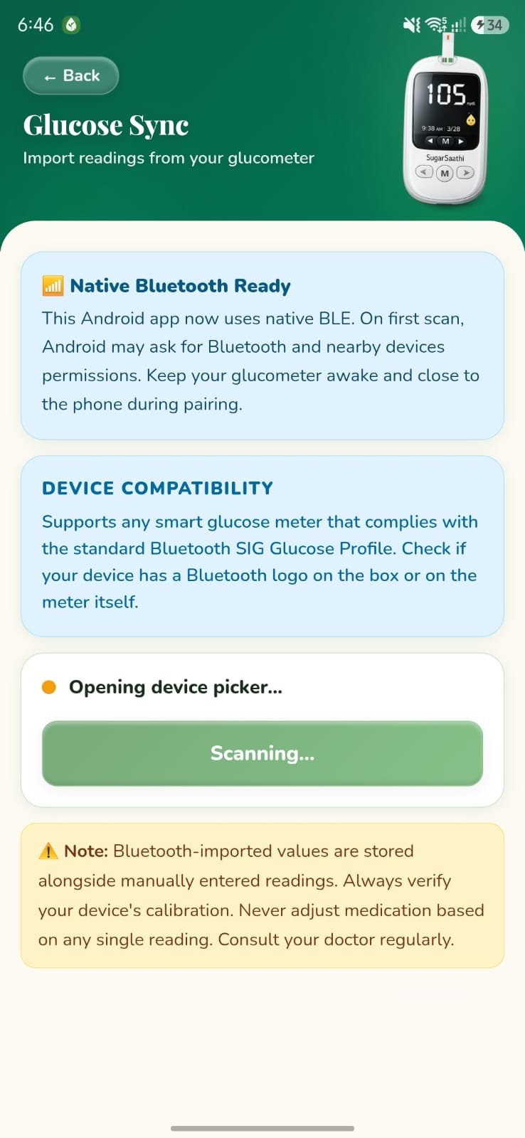 SugarSaathi glucometer sync and blood sugar import